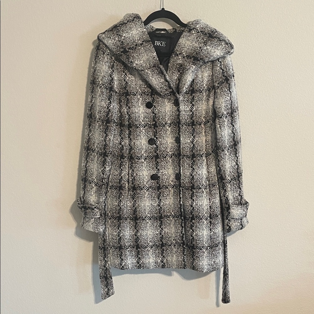 BKE Women Black and White Hooded Checkered Tweed Belted Pea Coat LRG Y2K Preppy